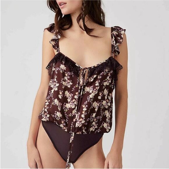 FREE PEOPLE NWT Take It Away Bodysuit In Chocolate Merlot Combo Size L - Picture 1 of 8